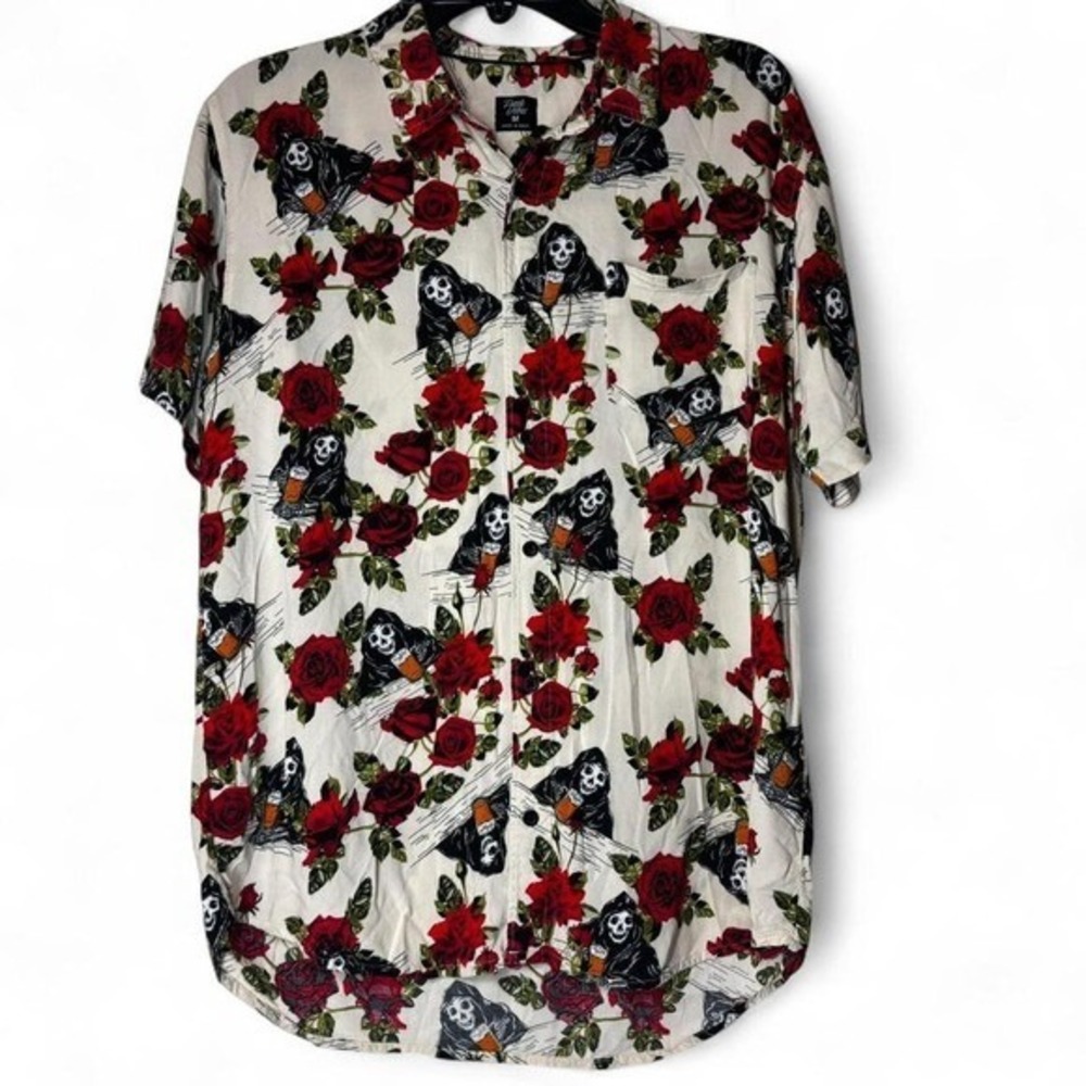 Fresh Vibes Grim Reaper Rose Short Sleeve‎ Button Up Shirt Mens Medium Novelty